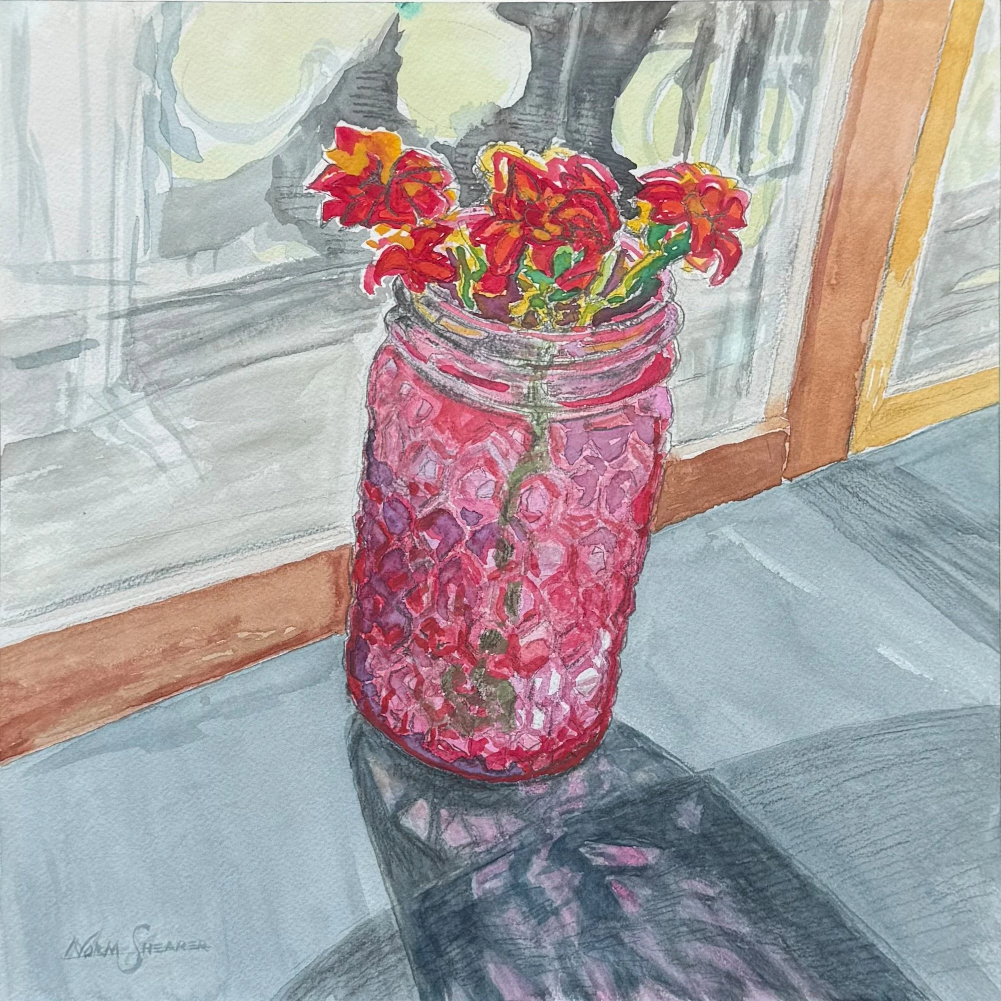 "Jam Jar Flowers" 12 x 12, 17.5 x 17.5 framed, museum glass, Watercolor, gouache and color pencil on 140 lb. Arches, $750