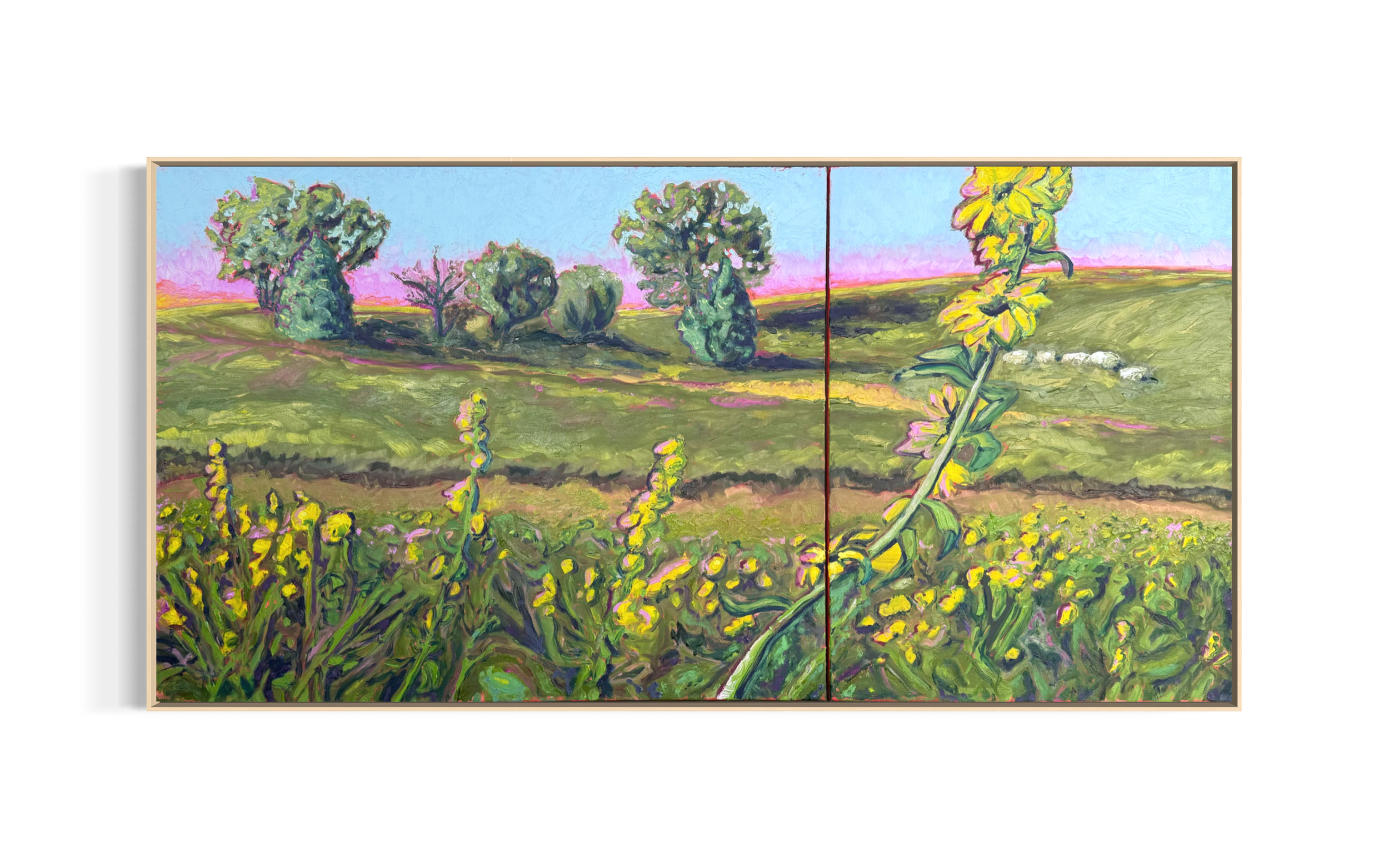 Wild Sunflowers, Kansas, Fall, 48.25 x 24, Oil on two canvases ($3,850 framed, $3,500 unframed)
