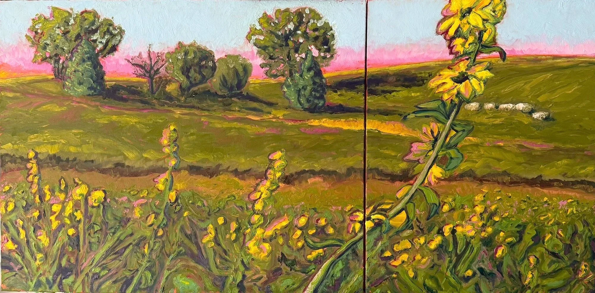 "Wild Sunflowers for Kaya" 48 1/8 x 24, Oil on Two Canvases, Private Collection