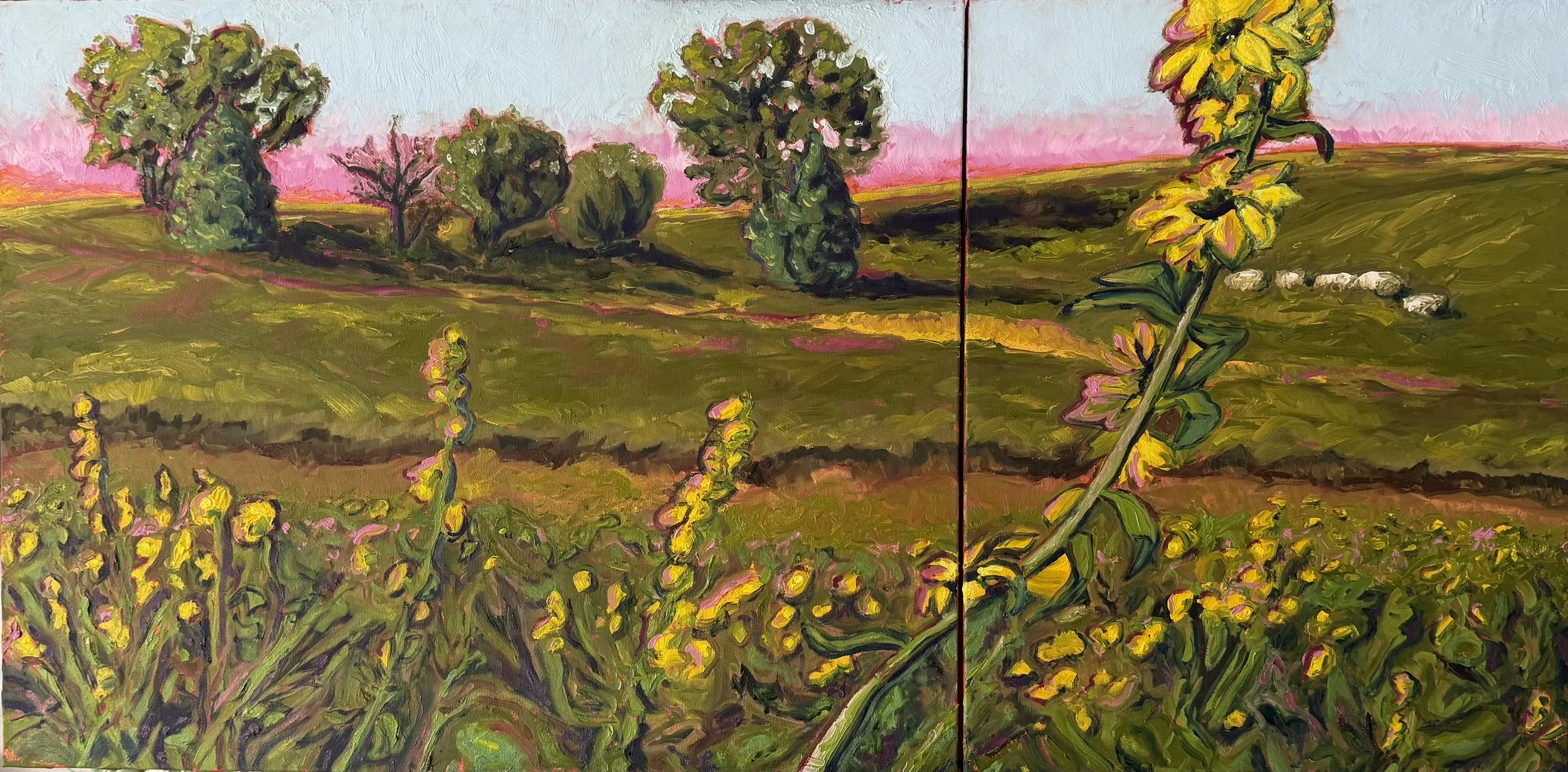 Kansas Sunflowers, oil on canvas dyptych, 20 x 40, $3,600, handmade wood frame