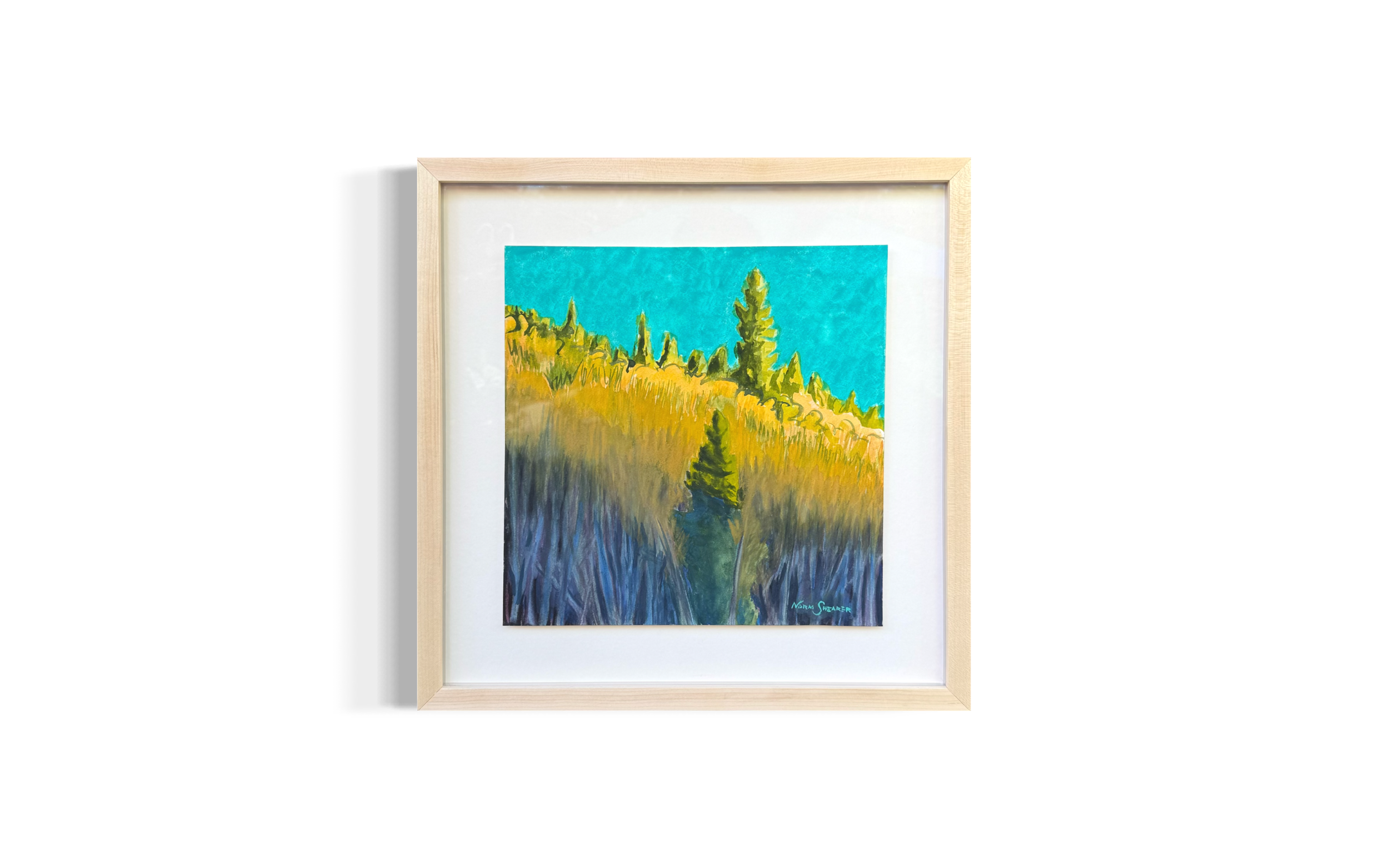 🔴 SOLD — Sliver of Sun, Winter, 12 x 12, 17.5 x 17. 5 framed, museum glass, Watercolor and gouache on 140 lb. Arches, $750
