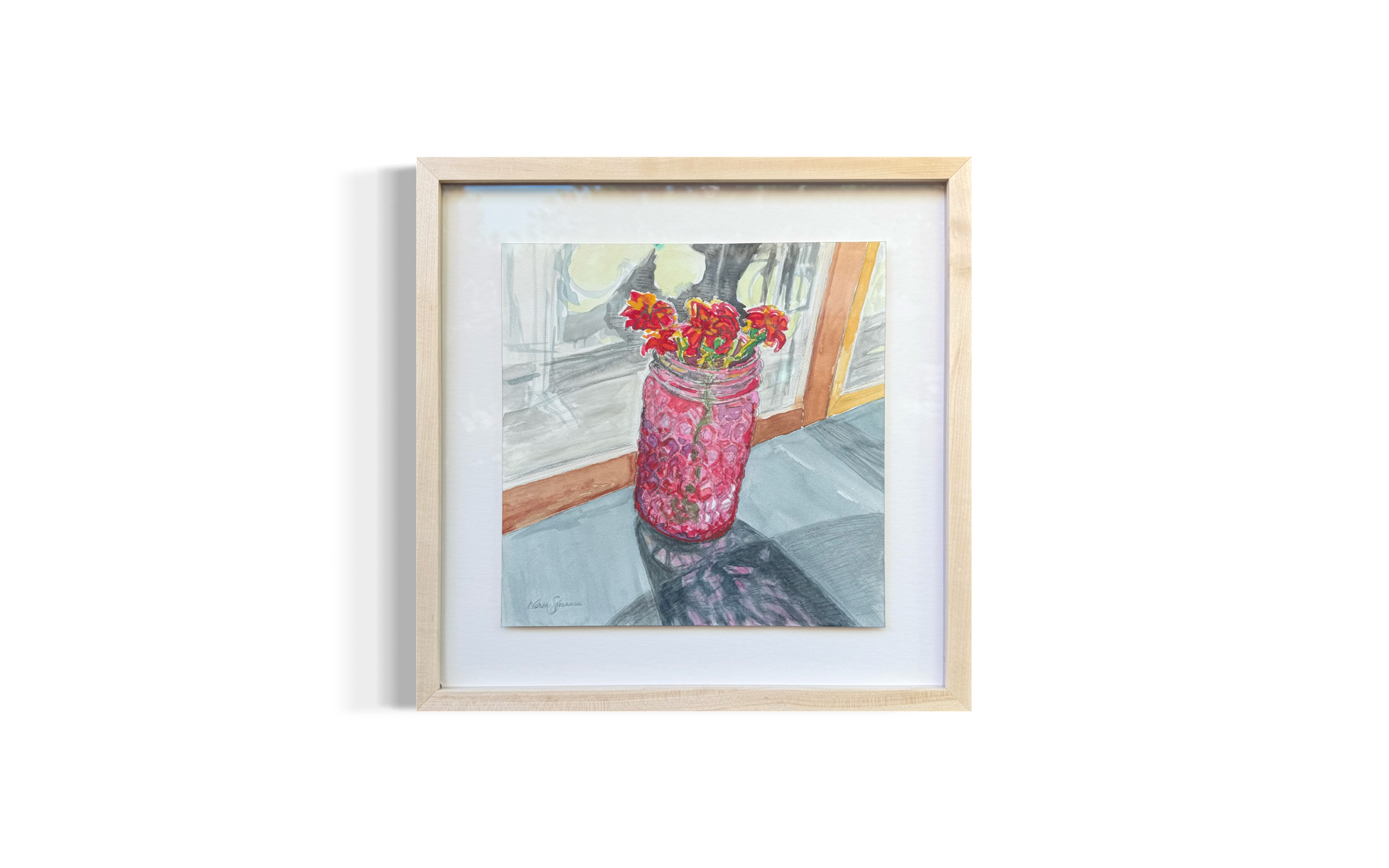 Jam Jar Flowers, Winter, 12 x 12, 17.5 x 17.5 framed, museum glass, Watercolor, gouache and color pencil on 140 lb. Arches, $750
