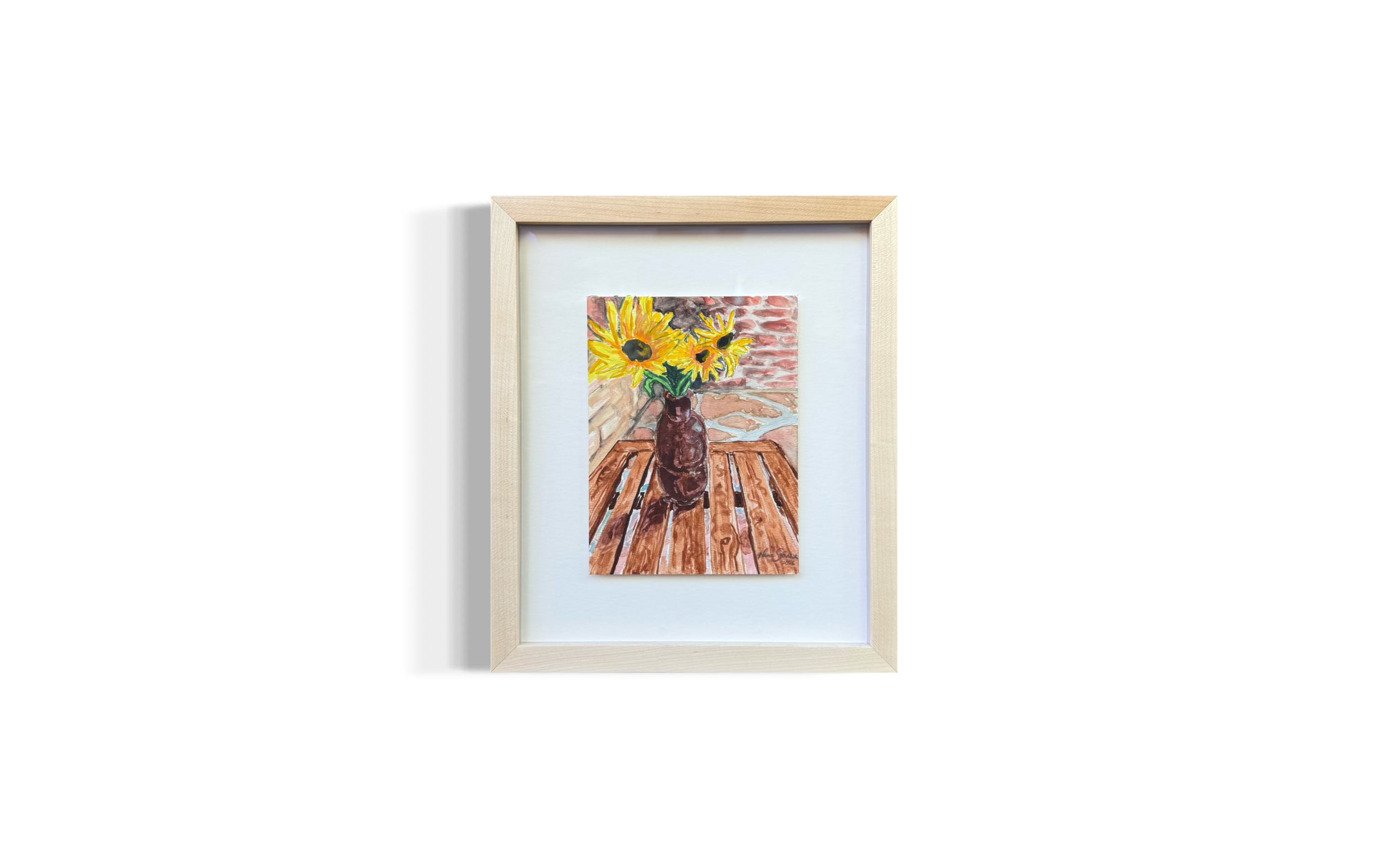 Megan’s Vase, Sunflowers, Summer, 6 x 8, 11.5 x 13. 5 framed, museum glass, Watercolor on 140 lb. Arches, $600
