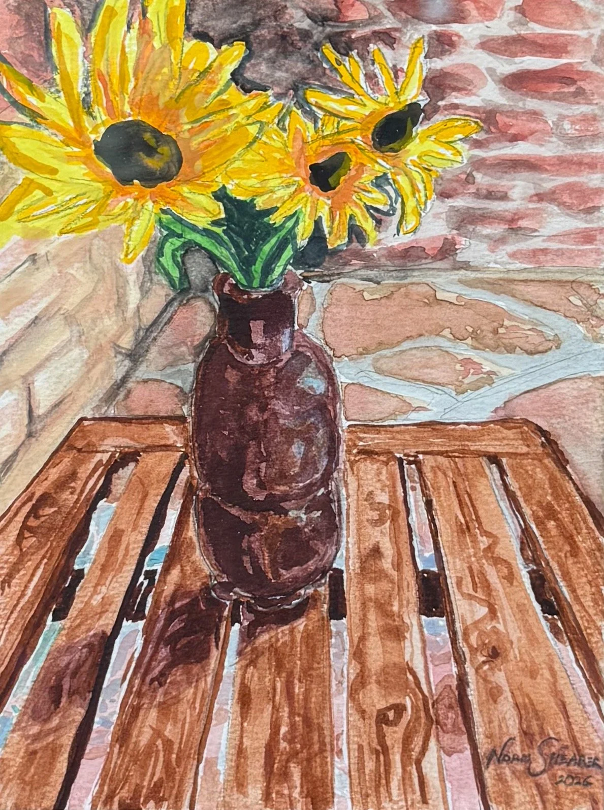 "Megan’s Vase and Sunflowers" 6 x 8, 11.5 x 13. 5 framed, museum glass, Watercolor on 140 lb. Arches, $600