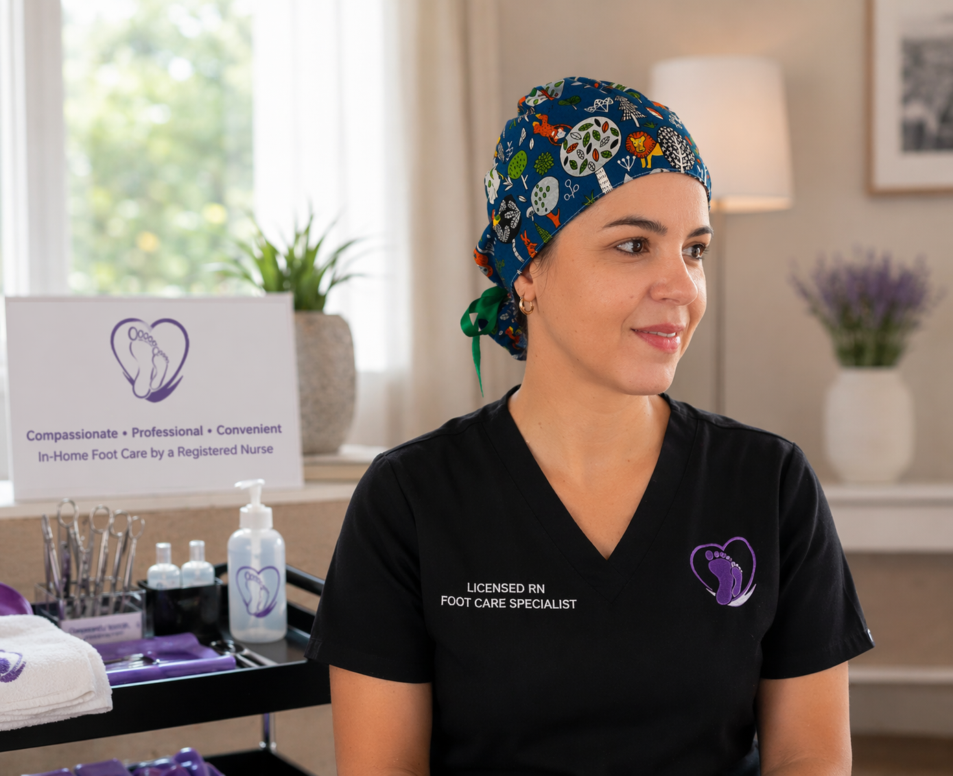 Mobile foot care nurse with professional tools for in-home senior foot care