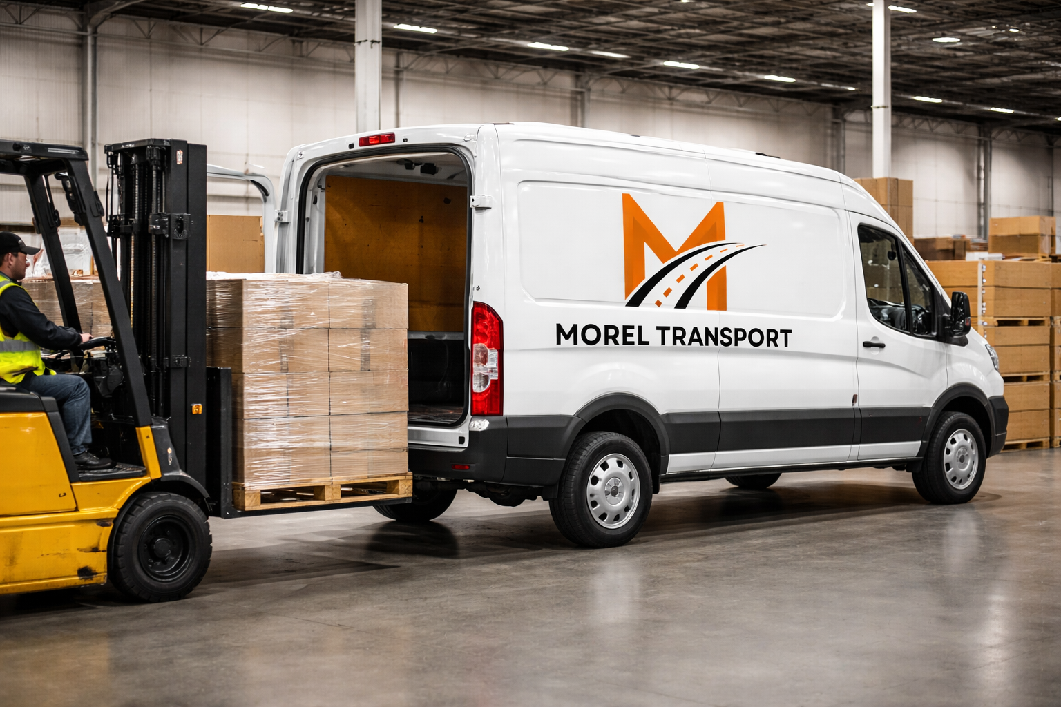 Warehouse worker operating a forklift truck unloading palletized boxes into a white delivery van marked 'Morel Transport' inside a large industrial storage facility.