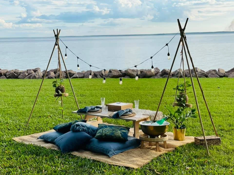 Outdoor picnic setup on a grassy area near the water, with pillows, a low table, string lights, and decorative plants.