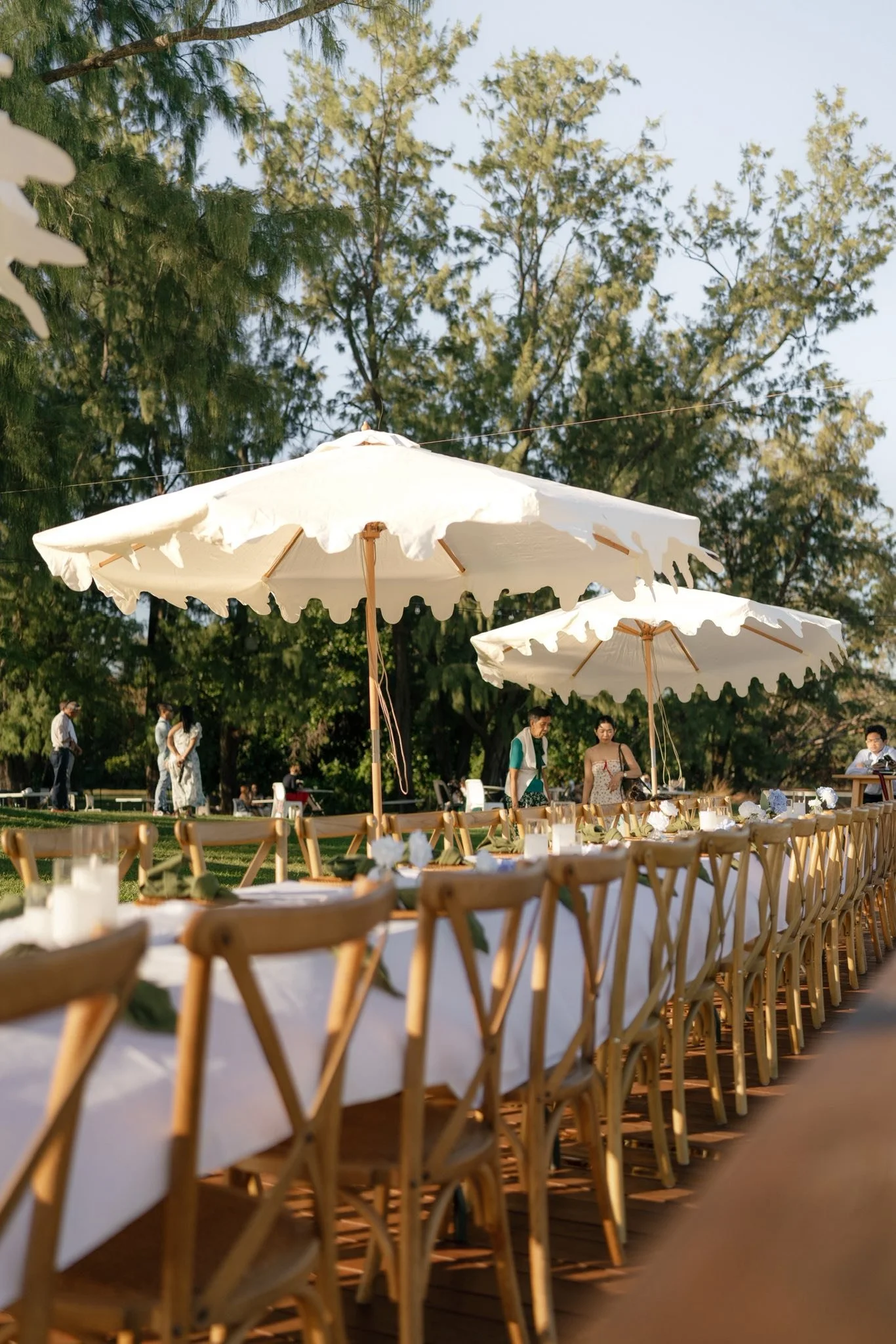 Outdoor event setup with long dining tables and wooden chairs under white umbrellas on a sunny day, surrounded by trees.