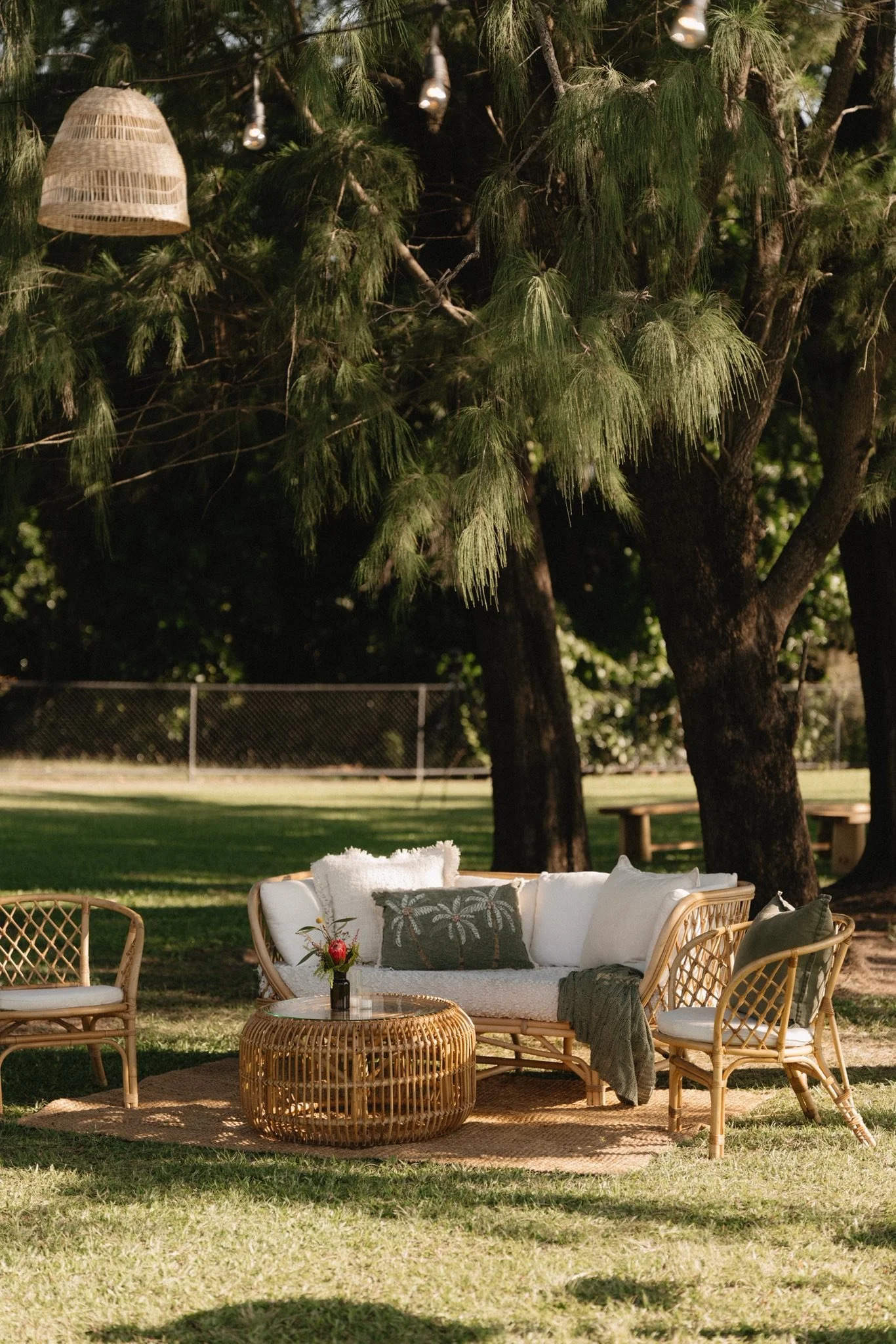 Outdoor seating area with wicker chairs and a wicker round coffee table on a grass lawn, surrounded by tall trees with hanging lights, in a park or backyard setting.