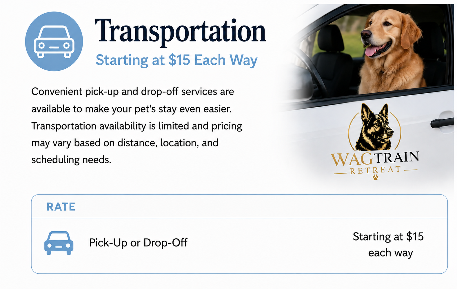 An advertisement for pet transportation services featuring a dog inside a car and a logo of a German shepherd with the text "Wag Train Retreat." The ad states transportation starting at $15 each way, and mentions convenient pick-up and drop-off services.