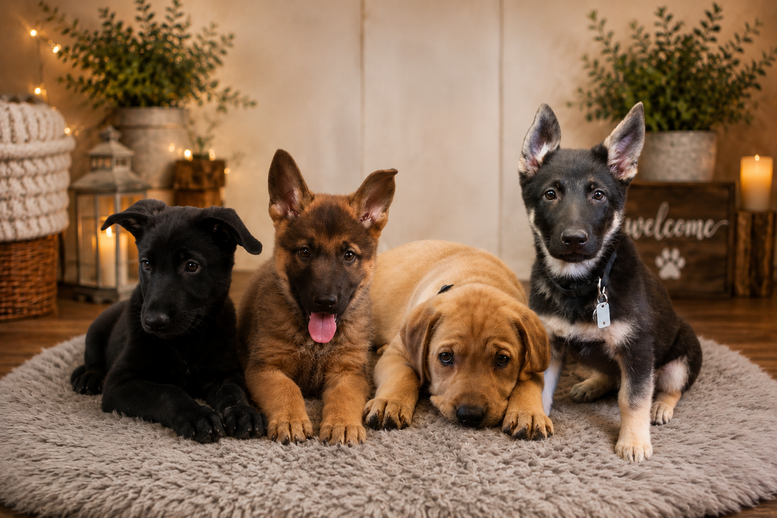 Four puppies lying on a beige rug in a cozy room with warm lighting, plants, and decorative lanterns in the background.