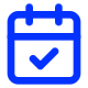 A blue calendar icon with a checkmark indicating a scheduled or completed event.