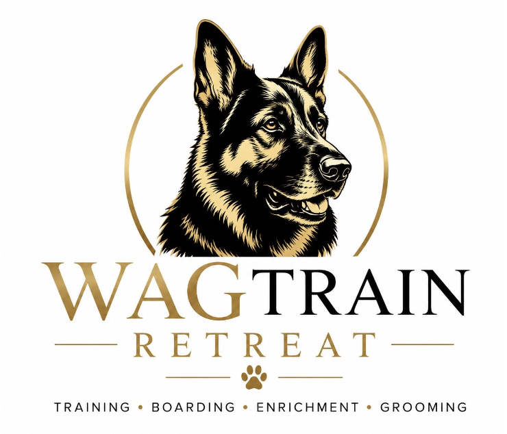 Logo for Wag Train Retreat featuring a detailed illustration of a German Shepherd's head with gold and black colors, surrounded by a gold circle, and text indicating training, boarding, enrichment, and grooming services.