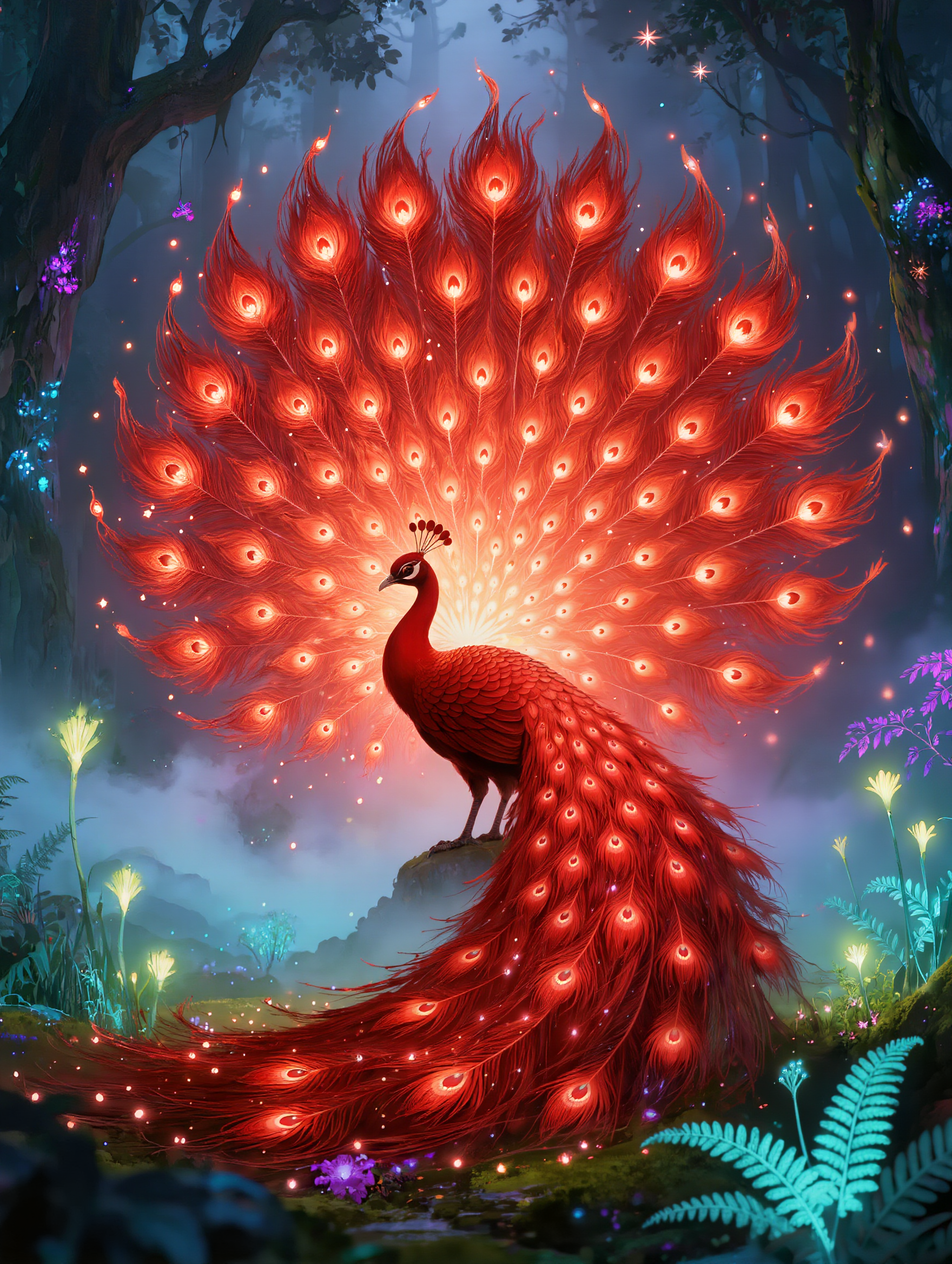 A colorful, digitally rendered image of a peacock with vibrant, glowing red, orange, and yellow feathers spreading wide. The peacock is in a fantasy forest with glowing plants, trees, and small lights floating around, creating a magical atmosphere.