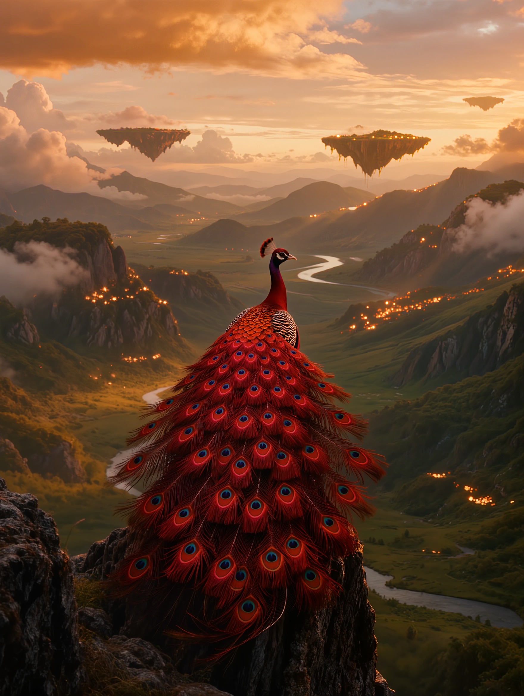 A vibrant peacock displaying its colorful tail feathers on a rocky ledge overlooking a lush, rolling landscape at sunset with floating islands in the sky.