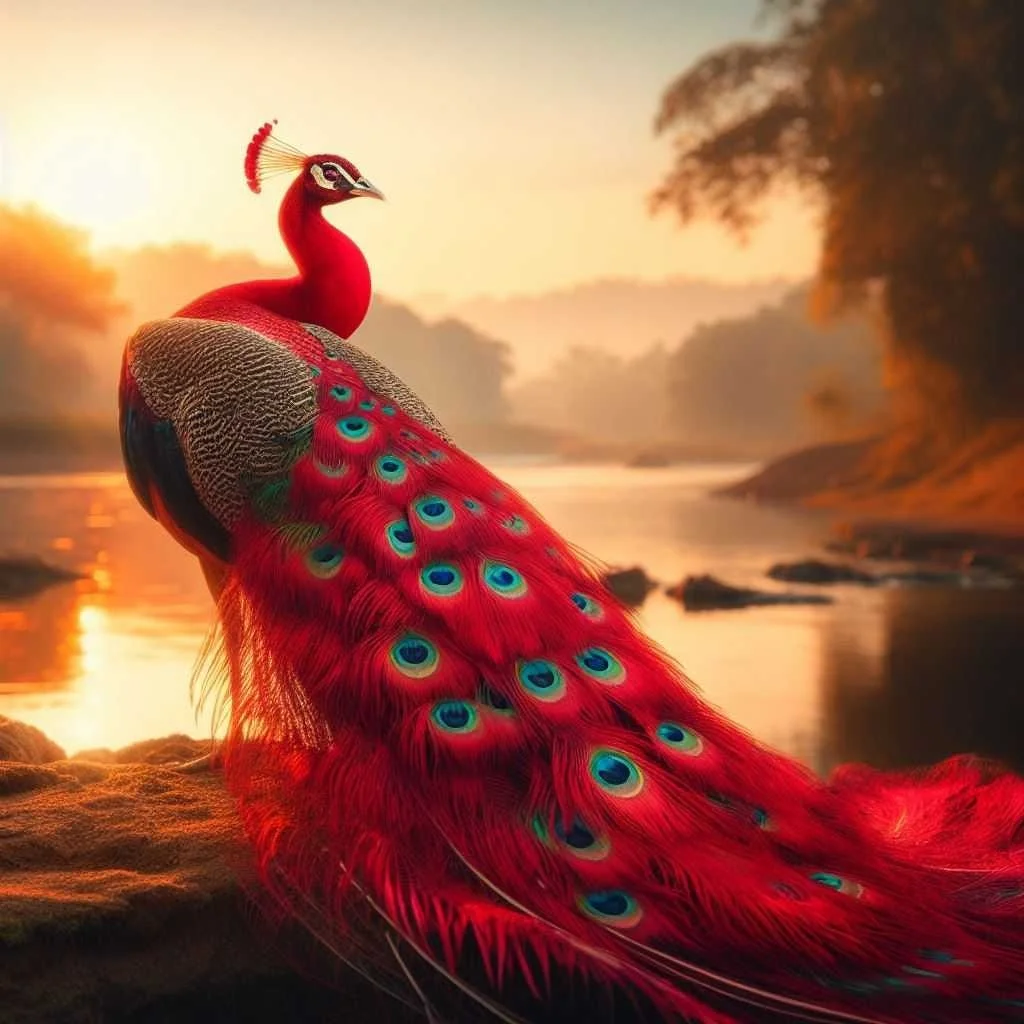 A peacock with vibrant red and blue tail feathers standing on a riverbank during sunset.