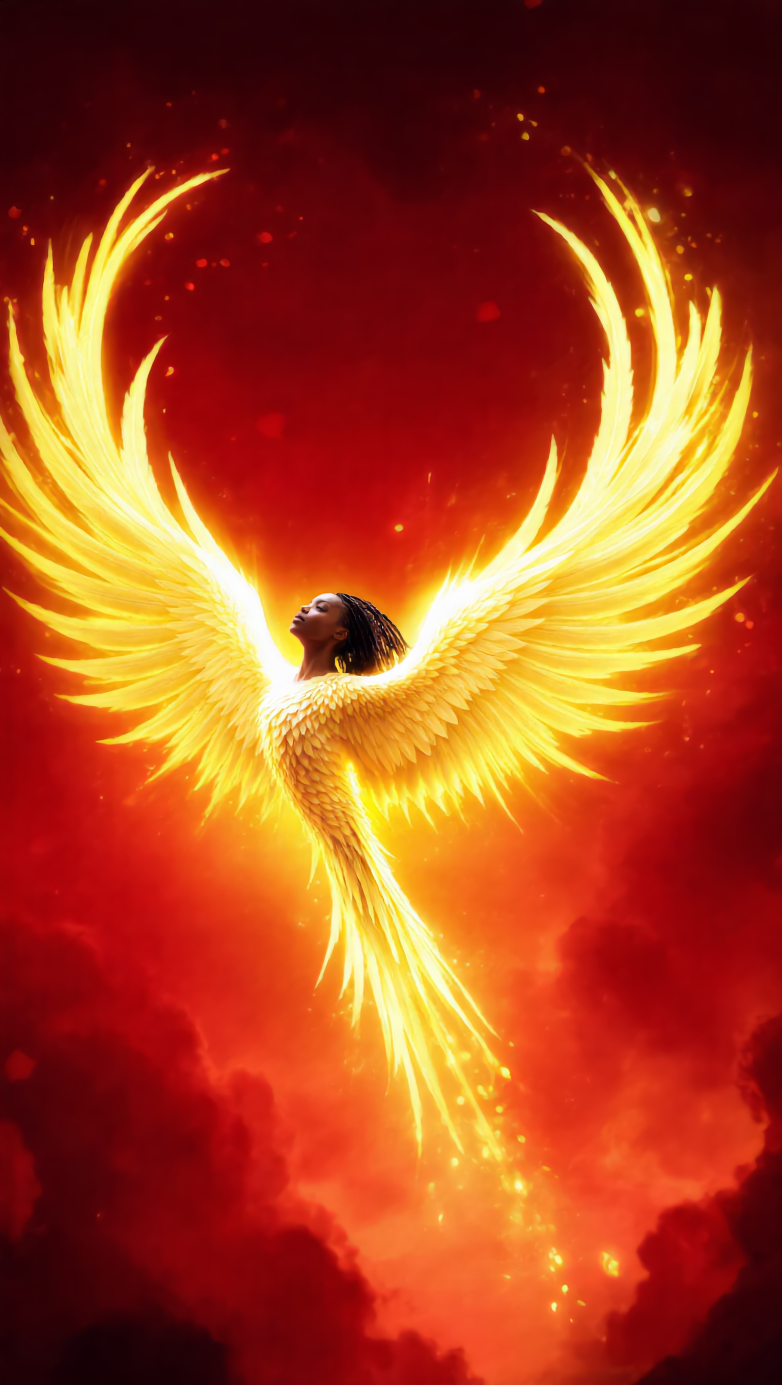 A fantasy digital artwork of a woman with a phoenix body and fiery wings emerging from a fiery background with red and orange hues.