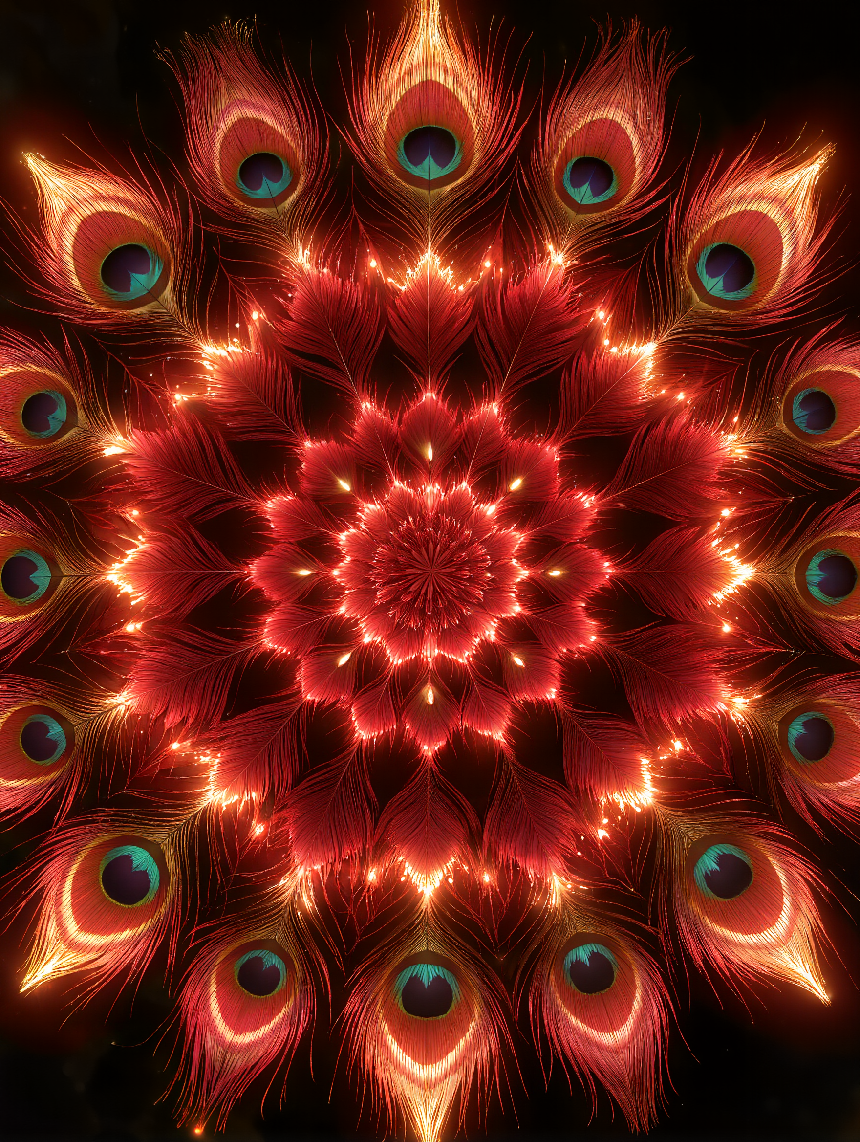 Fireworks display with peacock feather patterns on a dark night sky background.