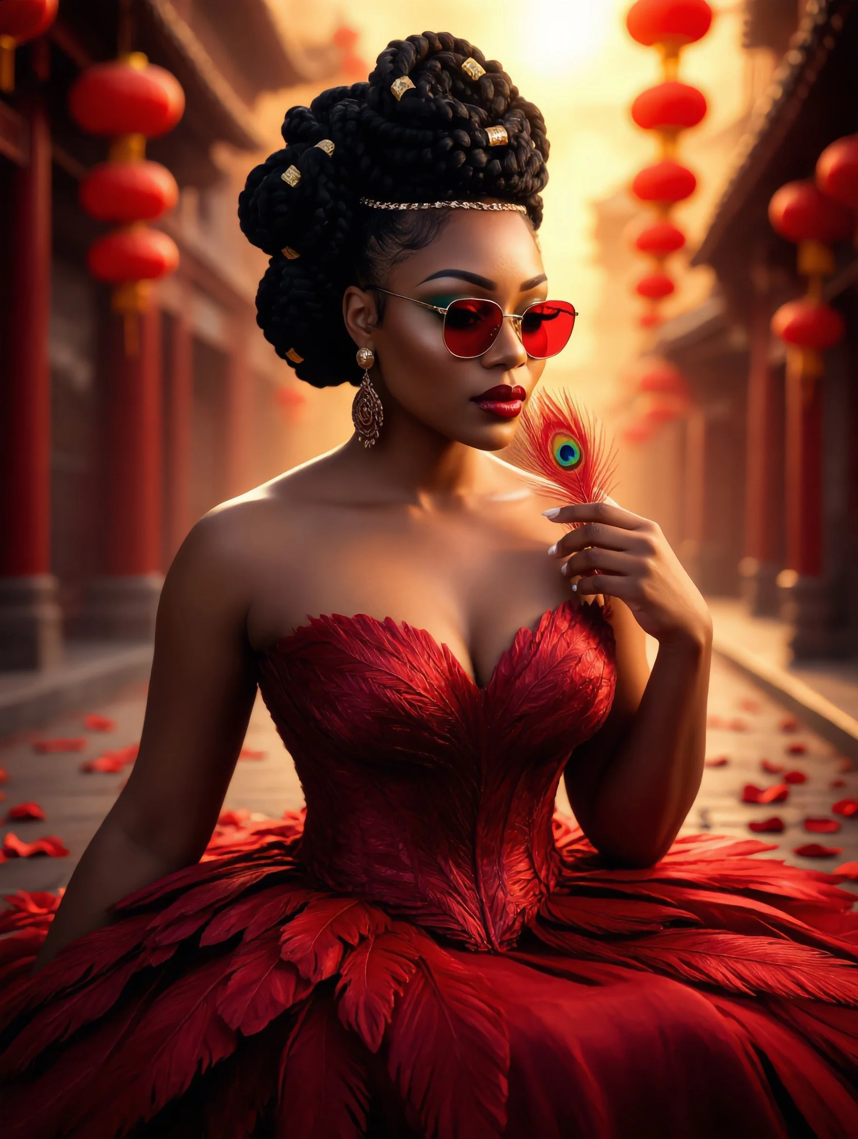 A woman wearing a red feathered gown and red sunglasses, holding a peacock feather, in an outdoor setting decorated with red lanterns.