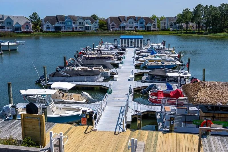 Marina with docked boats, surrounded by residential houses on a lake or river.