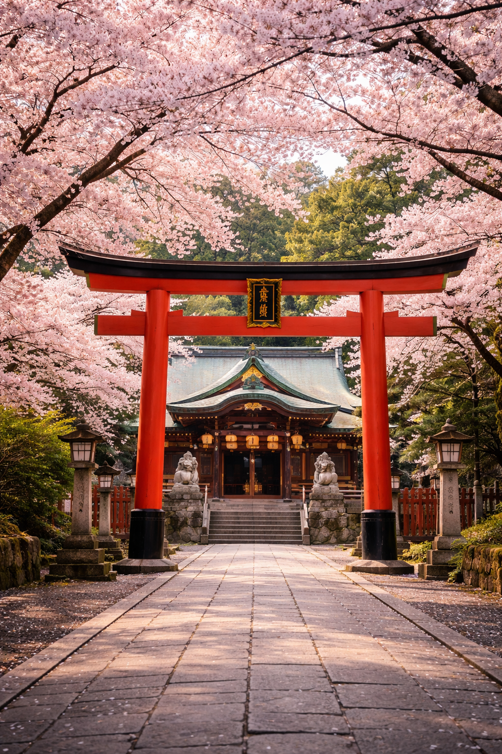 A traditional Japanese shrine framed by blooming pink cherry blossom trees, with a red torii gate in the foreground.