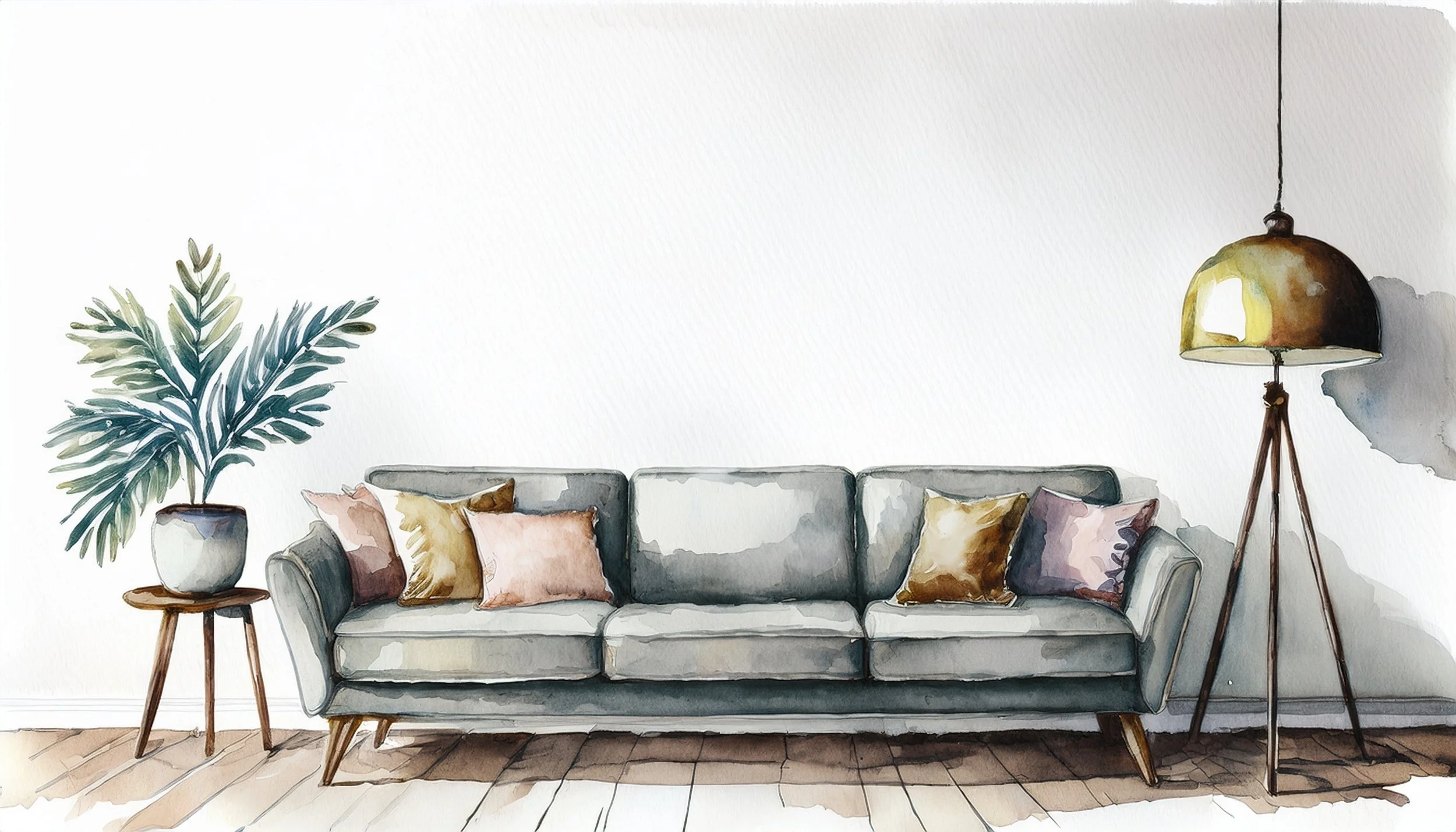 Watercolor painting of a modern counseling offices space, both warm and welcoming.