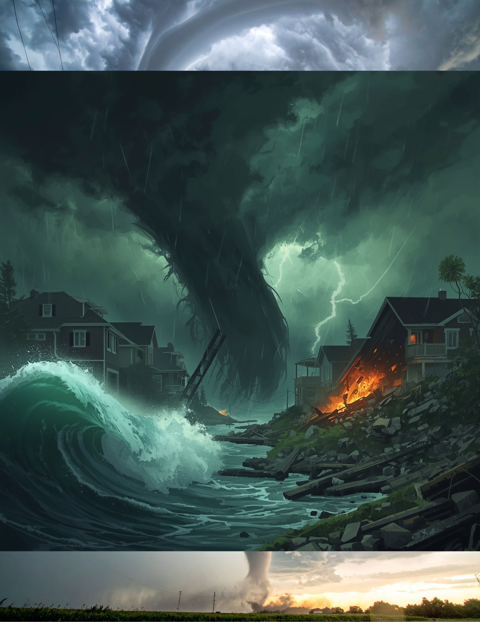 Three images of various tornadoes, including a large tornado touching down near houses, a smaller tornado in the distance, and a tornado forming over a field, with stormy clouds and lightning in the background.