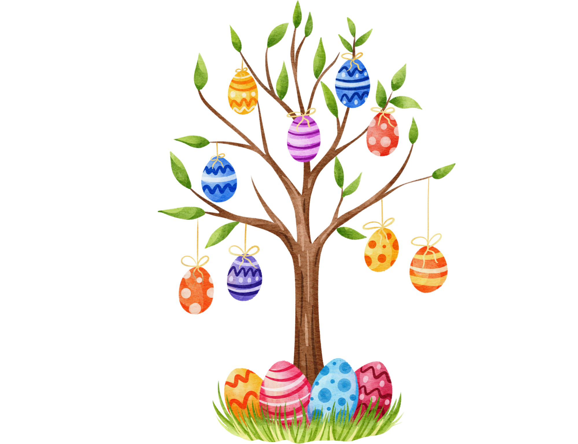 Colorful Easter eggs hanging on a tree with green leaves, and some eggs at the base of the tree on grass.
