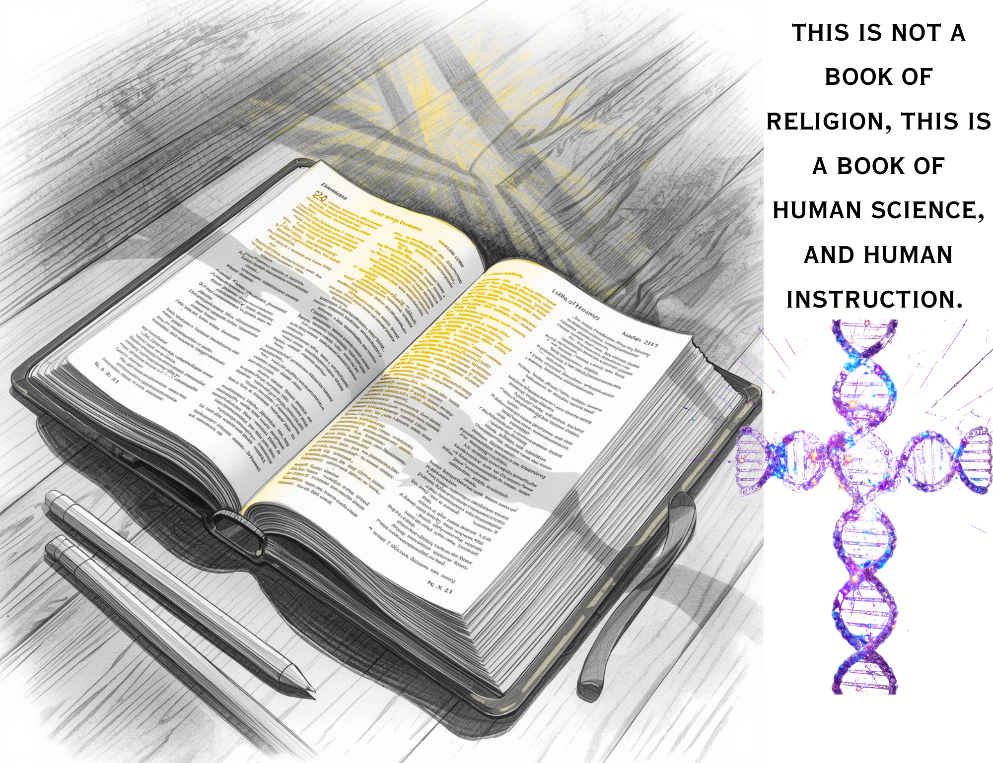 An open notebook displaying text with highlighted sections, a black pen resting on the page, and a silver pen nearby. The background features a wooden surface with a text overlay from a book or article and a colorful DNA double helix illustration.