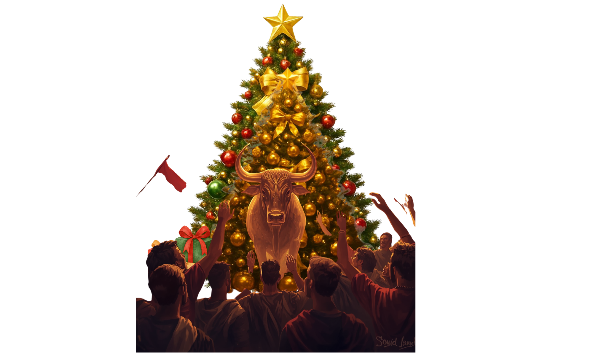 Children decorating a decorated Christmas tree with a large gold star on top, gold and red ornaments, golden ribbons, and a bulldog ornament at the center, in a festive setting.