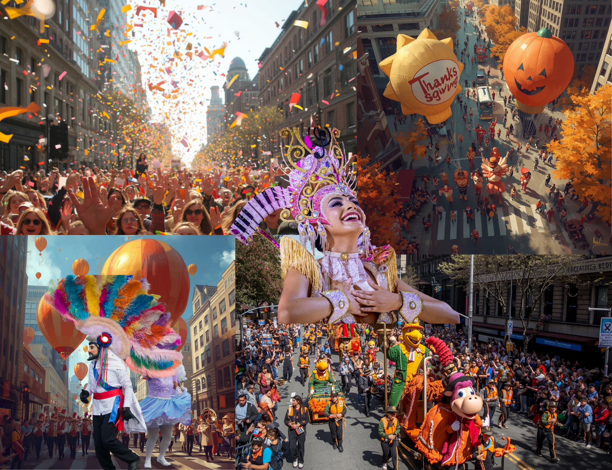 A collage of scenes from a Thanksgiving parade featuring balloons shaped like a pumpkin with a smiley face, a sun with a 'Thanks Giving' sign, a colorful rake, and characters including a mascot and performers in costumes, with crowds of spectators and parade participants on a city street.