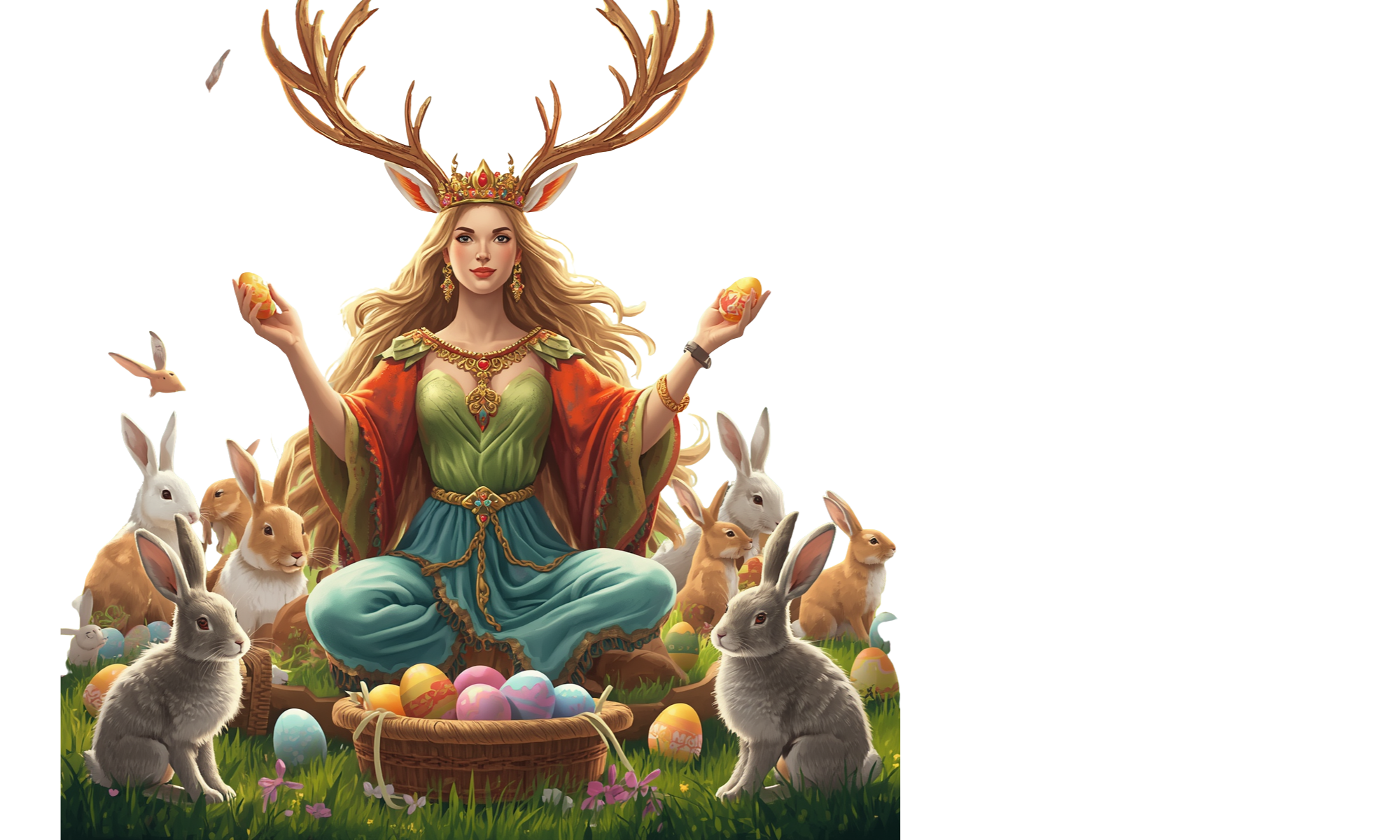 A fantasy illustration of a woman with long blonde hair, wearing a crown with antlers, surrounded by rabbits and colorful Easter eggs on green grass.