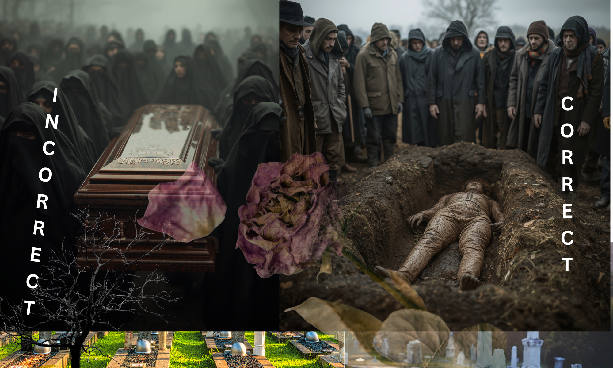 A collage of images related to death and mourning. It includes a funeral with a casket and mourners, a grave with a body, a cemetery with tombstones, and decorative elements like flowers and trees, with text reading 'INCONREC'T.