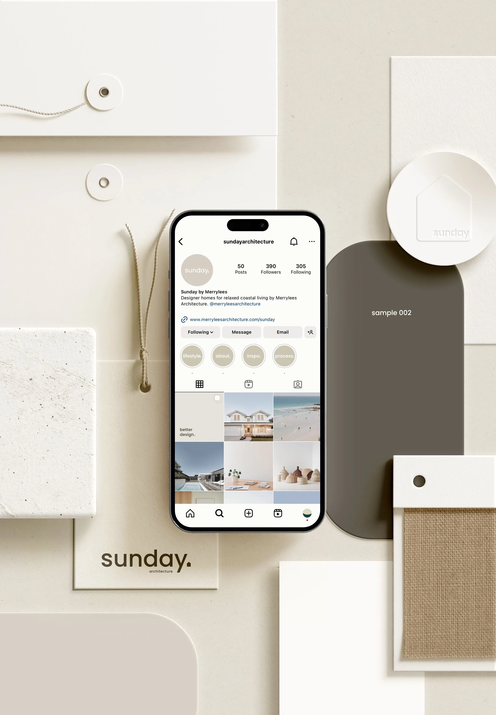 A minimalistic flat lay featuring a smartphone displaying an Instagram profile with architecture-related content. The profile handle is 'sundayarchitecture' with a description of designer homes for coastal living by Merrylees Architecture. The background consists of various neutral-toned materials and textures, including samples of fabric, paper, and string, along with a card labeled 'sunday.'"}