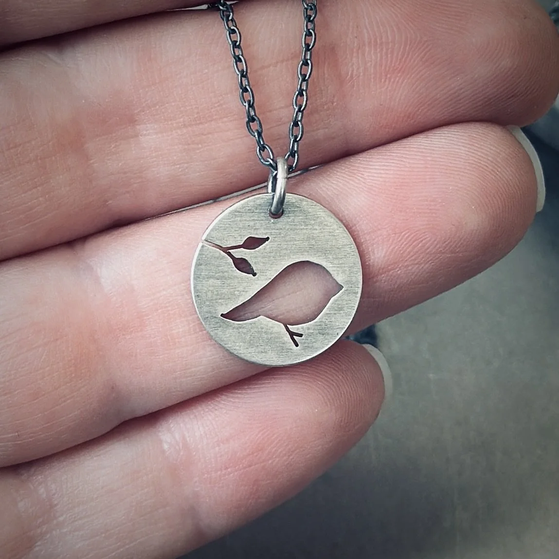 Small Bird + Branch sterling silver pendant