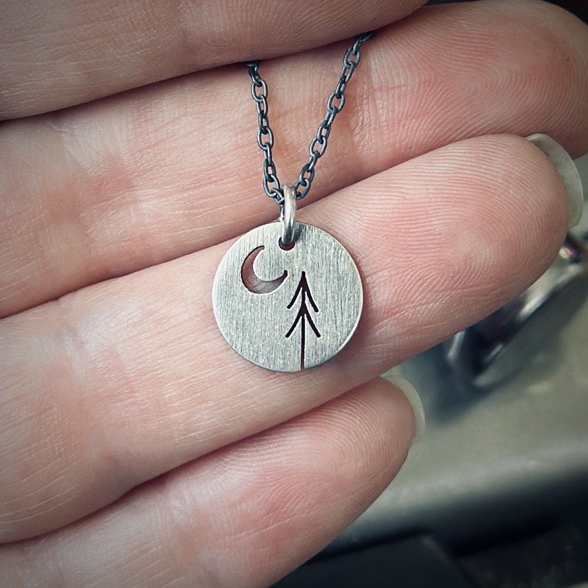 Tiny Pine + Moon sterling silver pendant
