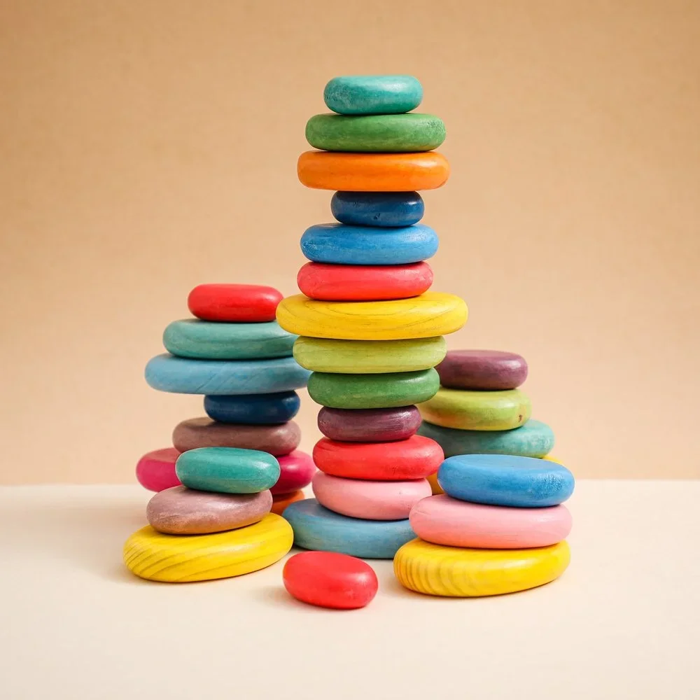 Colorful stacked and scattered pebbles on a white surface with a beige background.