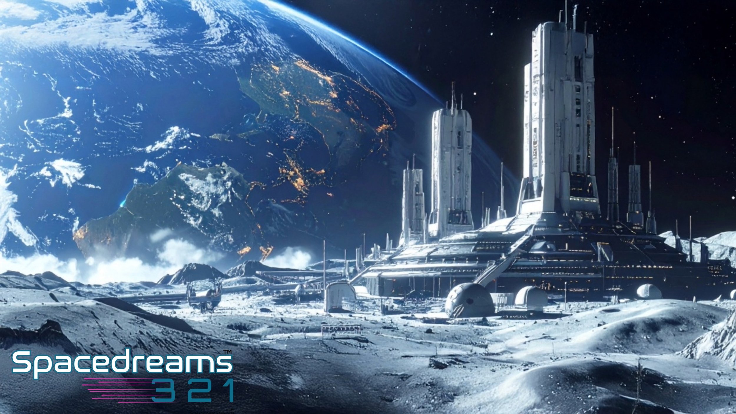 A futuristic space base on the moon with a large building and several smaller structures, overlooking Earth in the background, with the text 'Spacedreams 321' in the bottom left corner.