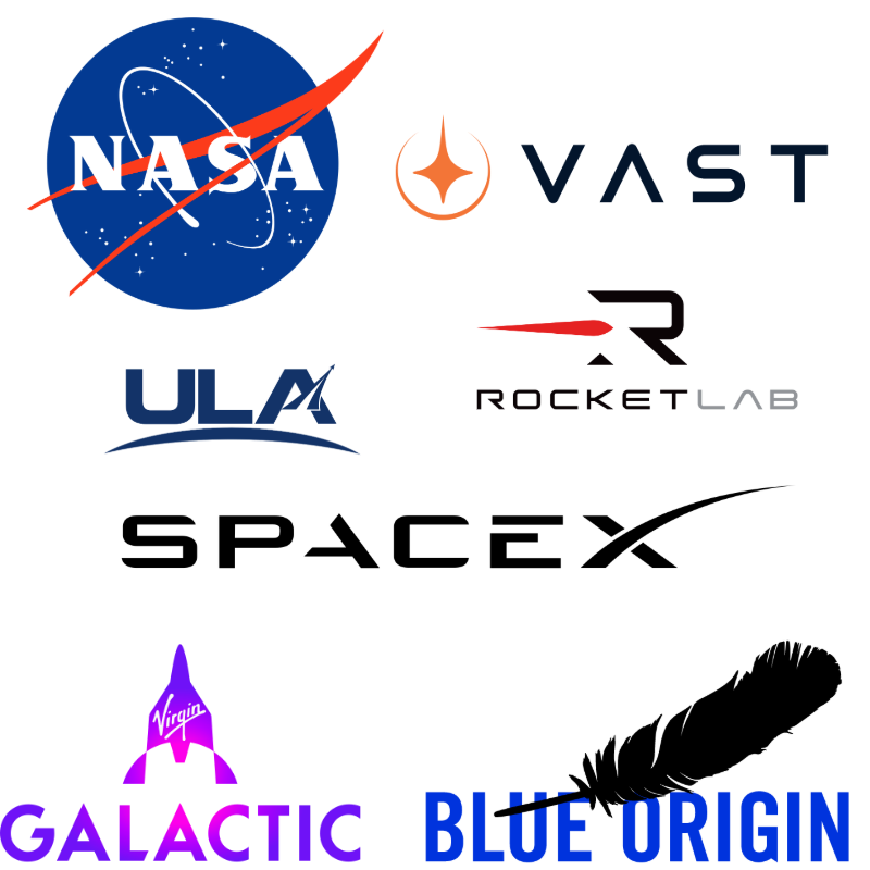 Logos of NASA, Vast, SpaceX, ULA, Rocket Lab, Virgin Galactic, and Blue Origin.