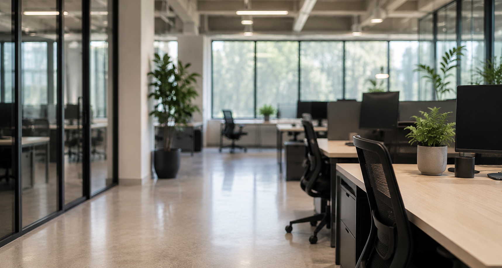 Modern open-plan office with desks, computers, black ergonomic chairs, potted plants, and large windows allowing natural light.