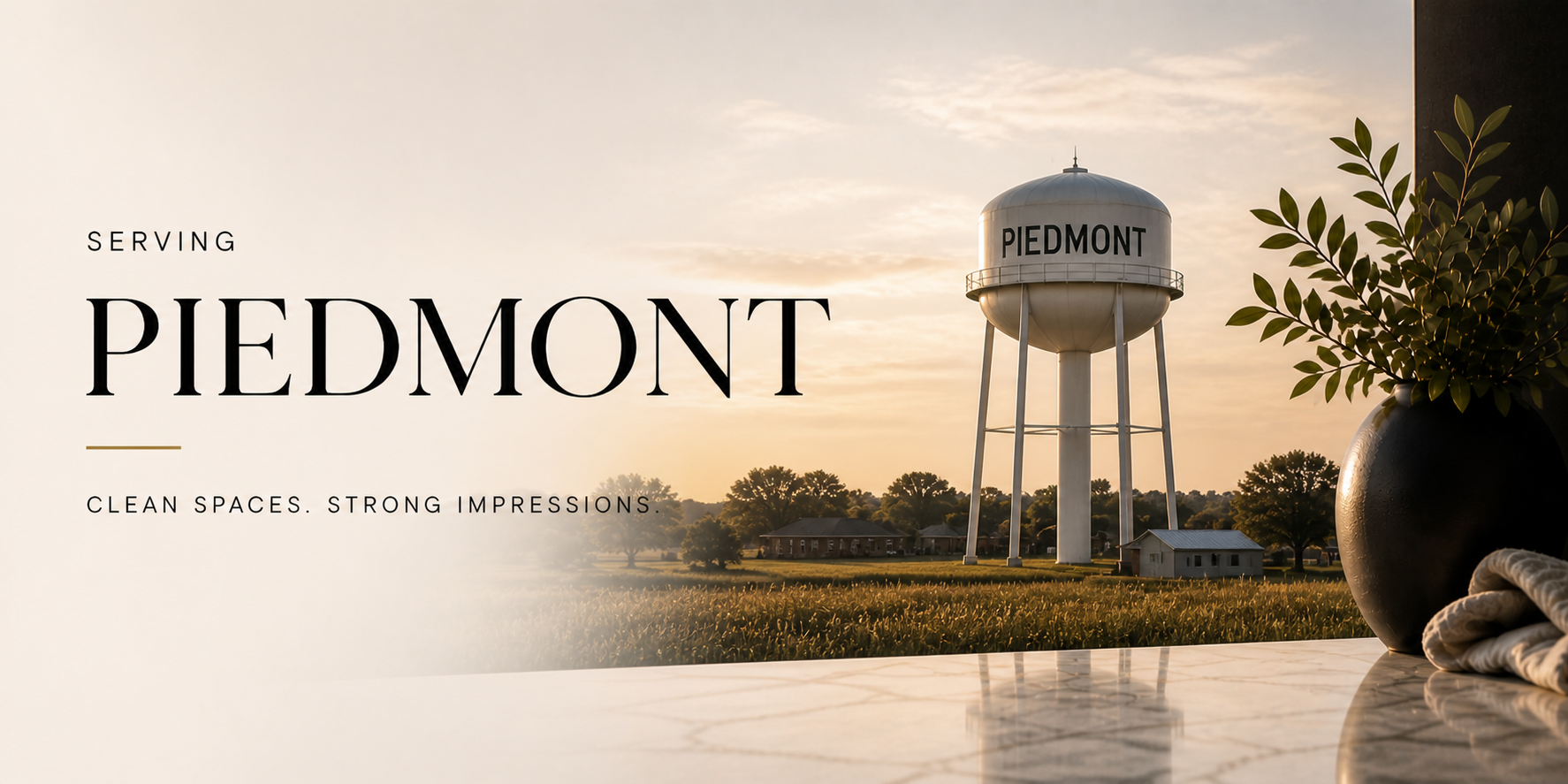 Text overlay on a scenic view of a water tower with 'Piedmont' written on it, and houses and trees in the background, promoting Piedmont with the tagline 'Clean spaces. Strong impressions.'