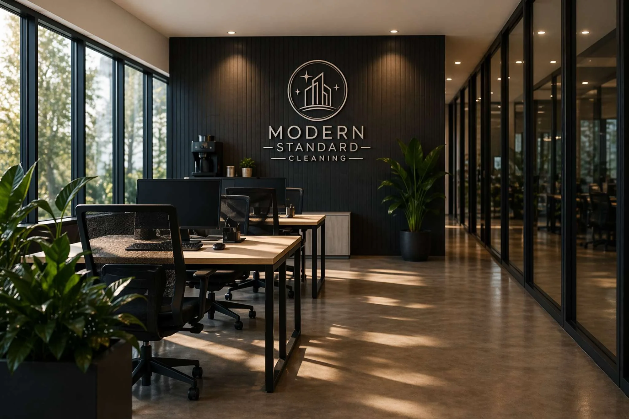 Modern office space with black accent wall displaying the logo of 'Modern Standard Cleaning.' The office has large windows on one side, allowing natural light to illuminate the space. There are several workstations equipped with computers and office chairs, along with potted plants for decor.