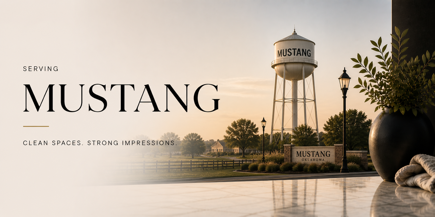 Photo of a water tower with 'MUSTANG' written on it, surrounded by trees, street lamps, and a sign that says 'MUSTANG, OKLAHOMA'.