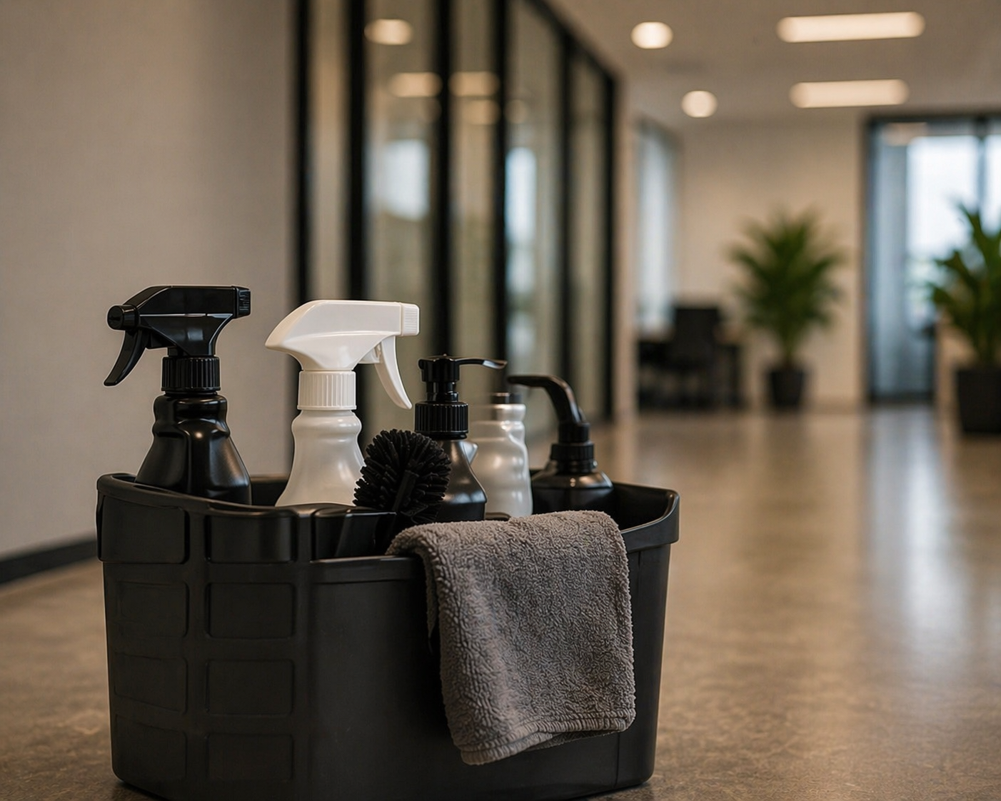 A black container filled with cleaning supplies including spray bottles, a brush, and a gray cleaning cloth in a modern, spacious office or lobby area.