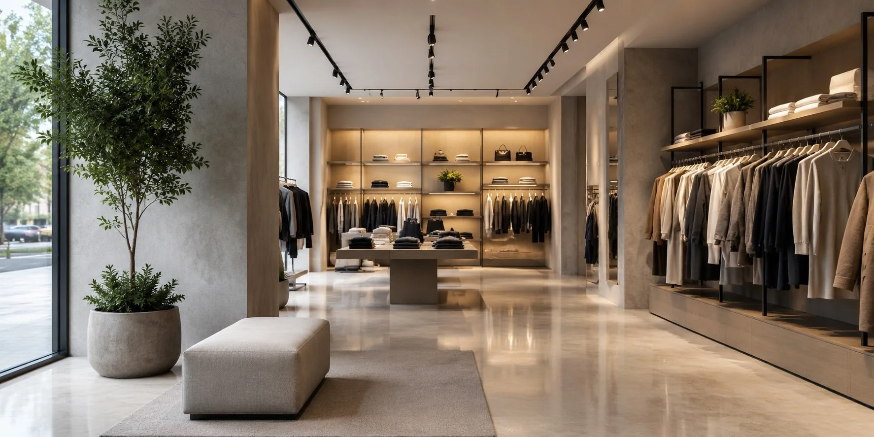 Interior of a modern clothing store with racks of clothes, shelves with handbags and folded garments, a potted plant near the window, and minimalist decor.