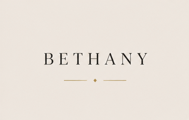 The word "BETHANY" in black capital letters with gold lines and a small diamond in between, on a plain light background.