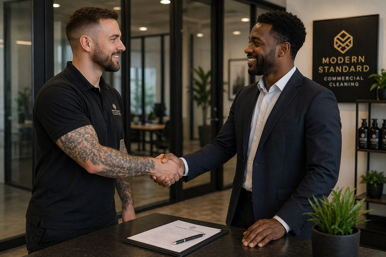 Two men shaking hands in an office setting, one wearing a black polo shirt with a company logo and the other dressed in a suit. There is a sign on the wall that reads 'Modern Standard Commercial Cleaning'.