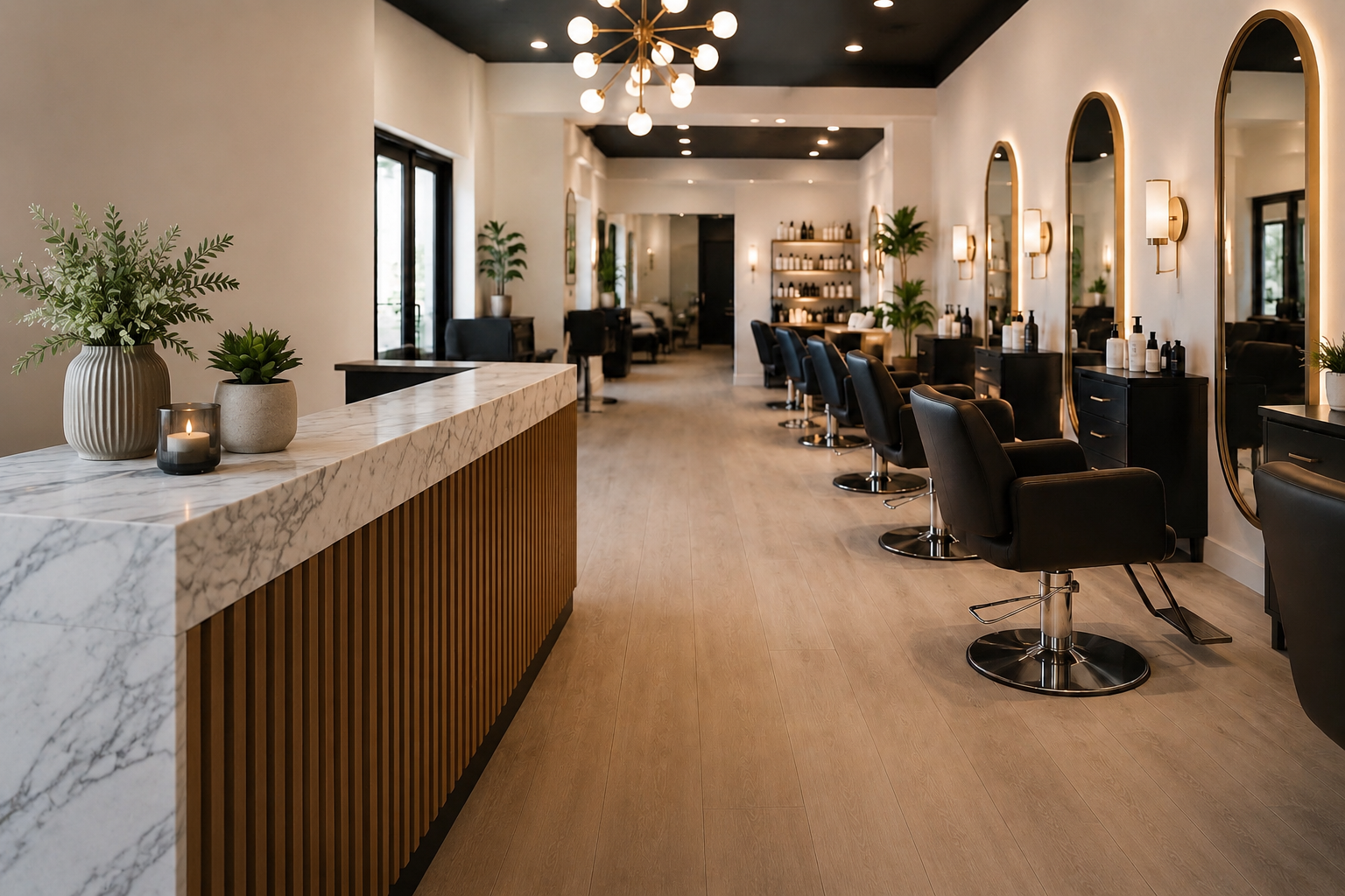 Modern hair salon with black styling chairs, large mirrors, and wooden flooring.
