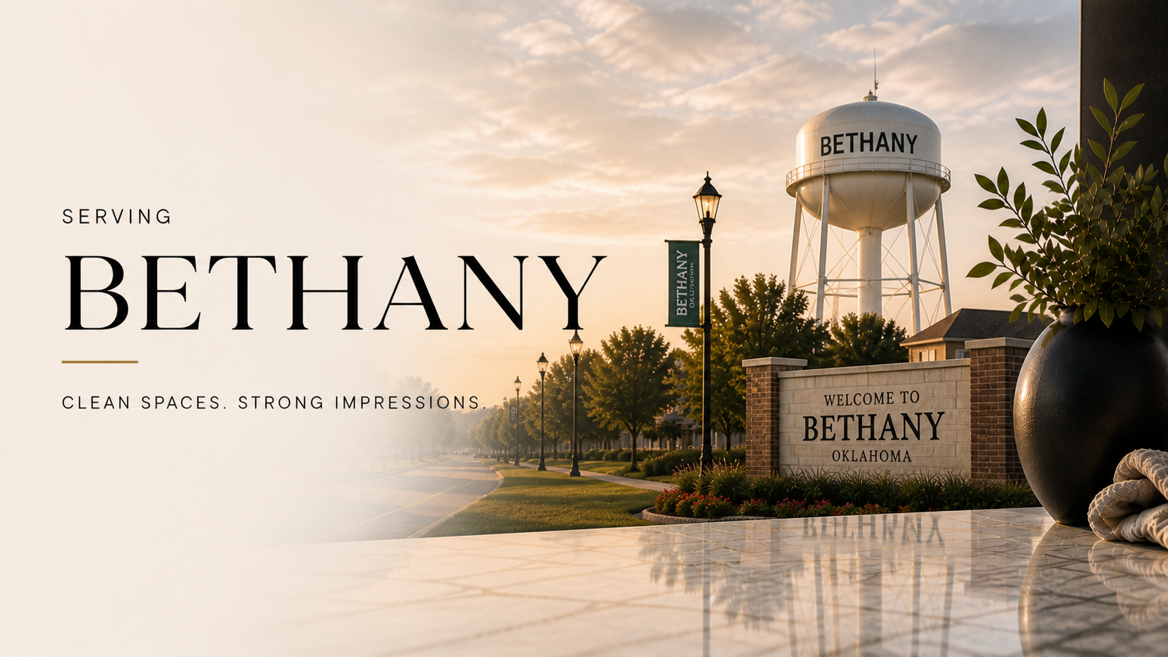 Welcome to Bethany, Oklahoma, featuring a water tower with 'Bethany' written on it, a brick sign with the same name, trees lining the street, decorative street lamps, and a large black vase with green plants, all under a sunset sky.