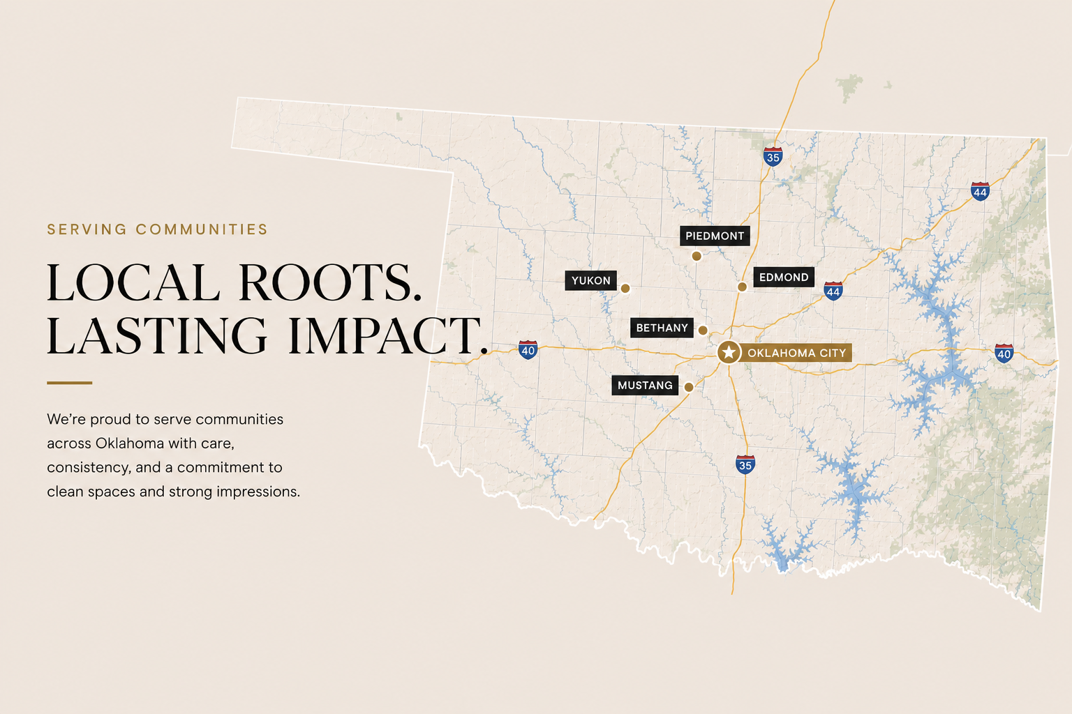 Map of Oklahoma highlighting key communities including Oklahoma City, Edmond, Bethany, Mustang, Yukon, and Piedmont. Text overlay says "Serving communities, local roots, lasting impact."